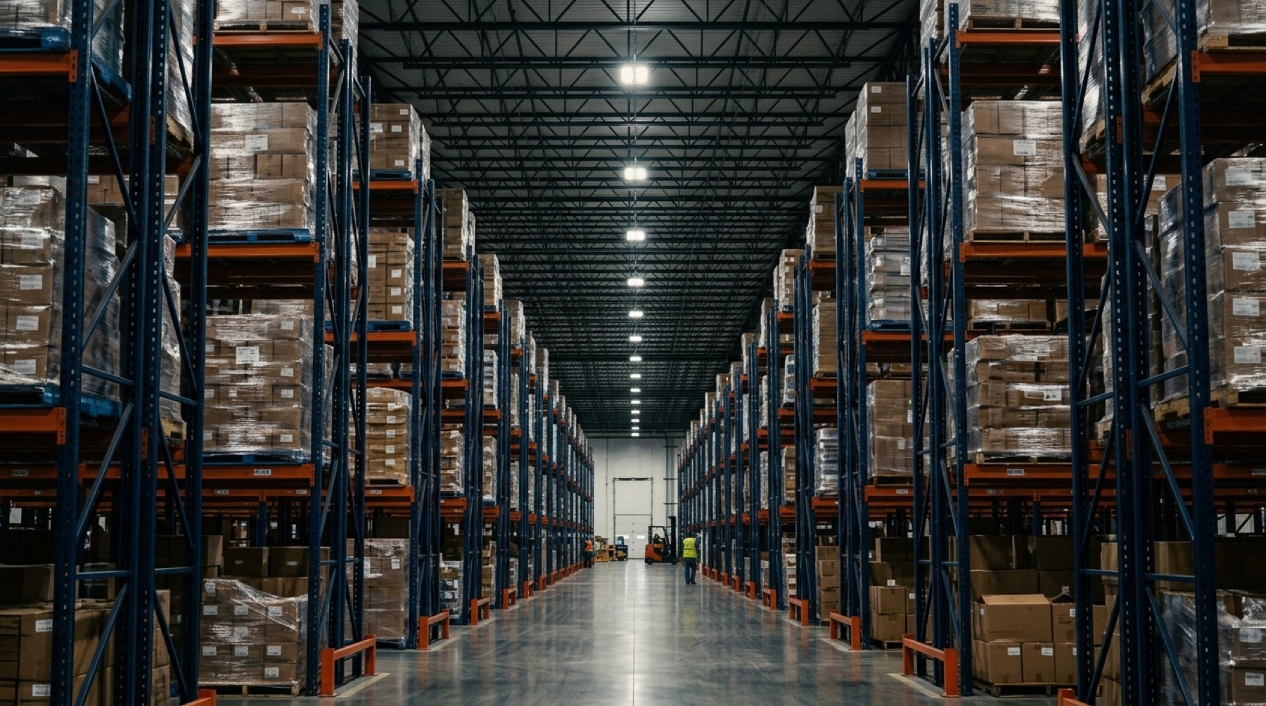 Allée d'un entrepôt de distribution alimentaire bordée de rayonnages chargés de palettes filmées, éclairée par des néons